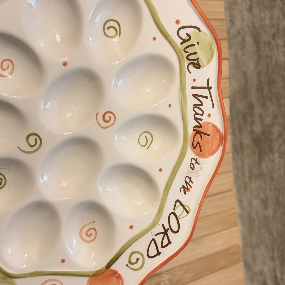 Deviled Egg Plate Thanksgiving Ceramic Scalloped Serving Dish Give Thanks - Picture 3 of 8